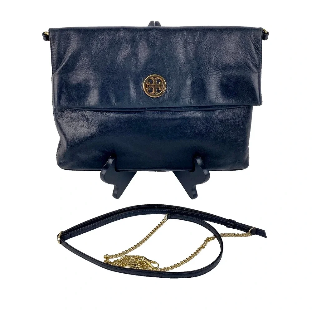 Tory Burch Leather Foldover Handbag Black Convertible Purse Clutch Shoulder Bag